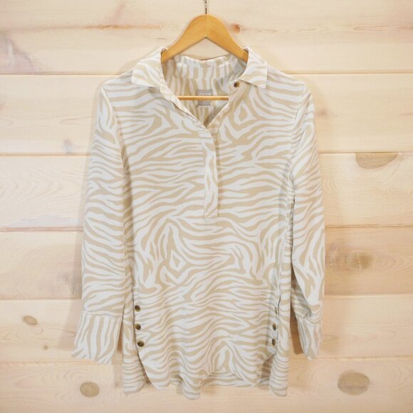 Chico's size 0 Women's S Tunic Top Beige Zebra 1/4 Button Collared Neutral Shirt - Picture 1 of 11
